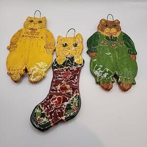 Vintage Christmas Ornaments Handcrafted Salt Dough 1996 Cats Set Of 3